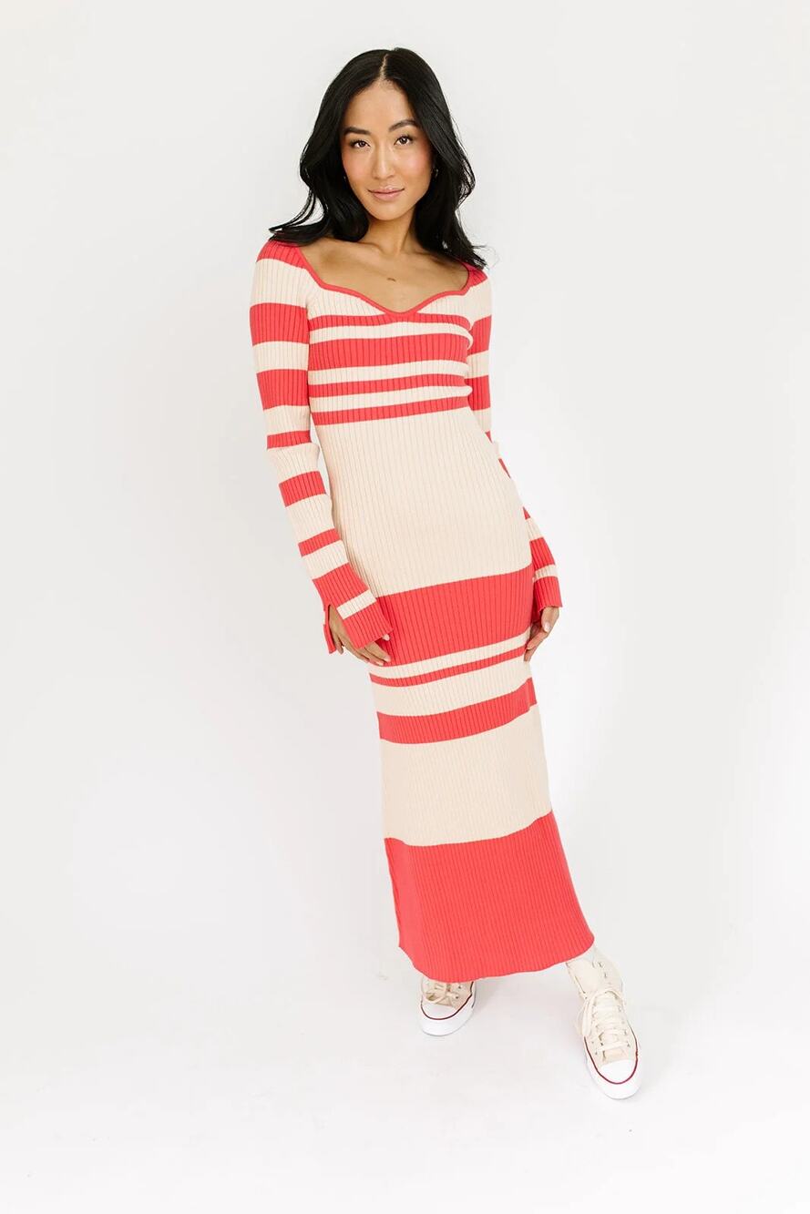 ZOCO Zoe Knit Dress Striped Sweater Maxi Cream Coral Pink Stretch Womens Small